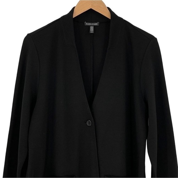 Eileen Fisher Stand Collar One Button Tencel Blazer Jacket Black Classic Minimal - Picture 6 of 11
